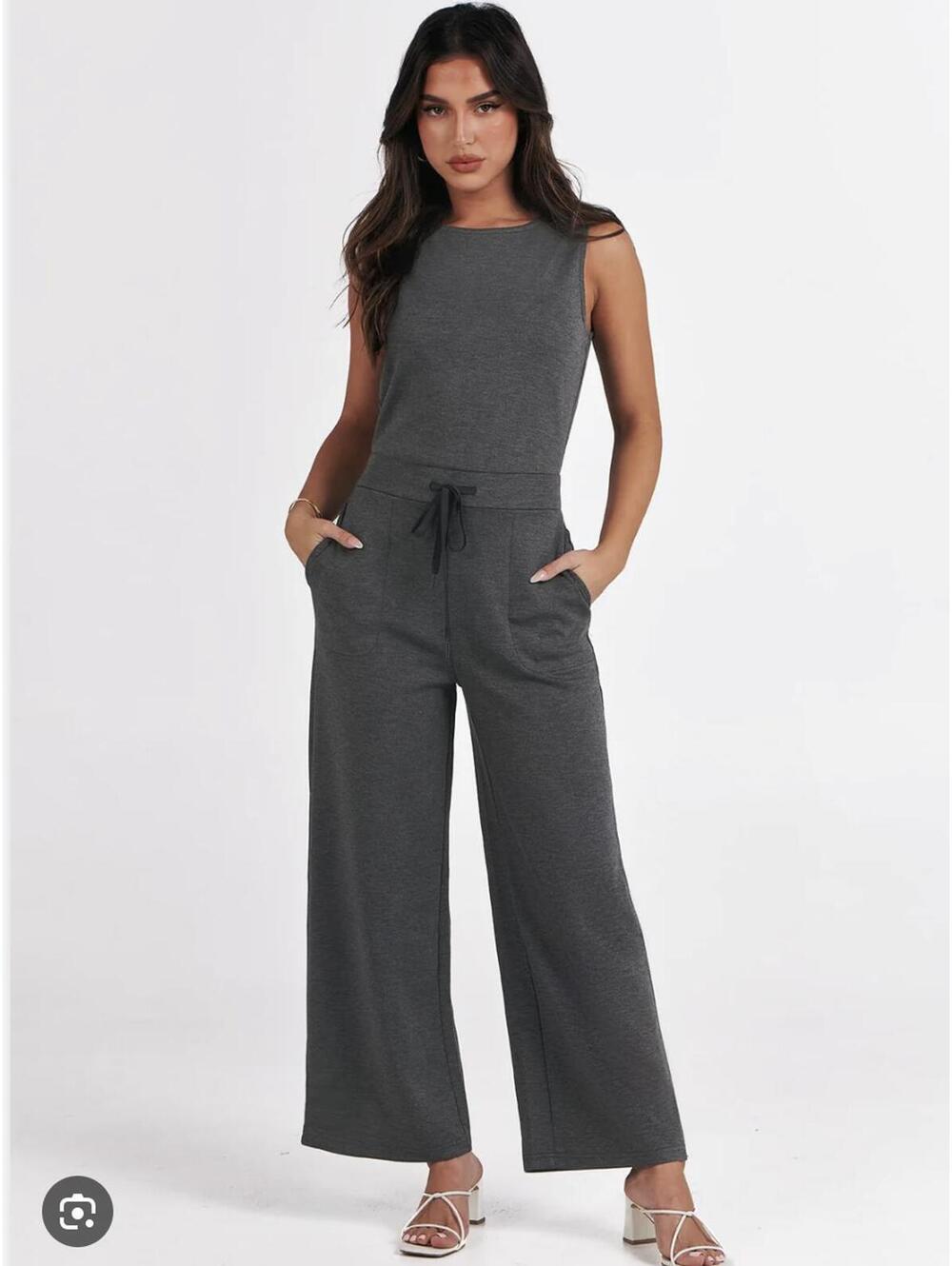 Anrabess Air Essentials Gray Sleeveless Wide-Leg Jumpsuit Drawstring Waist XXL